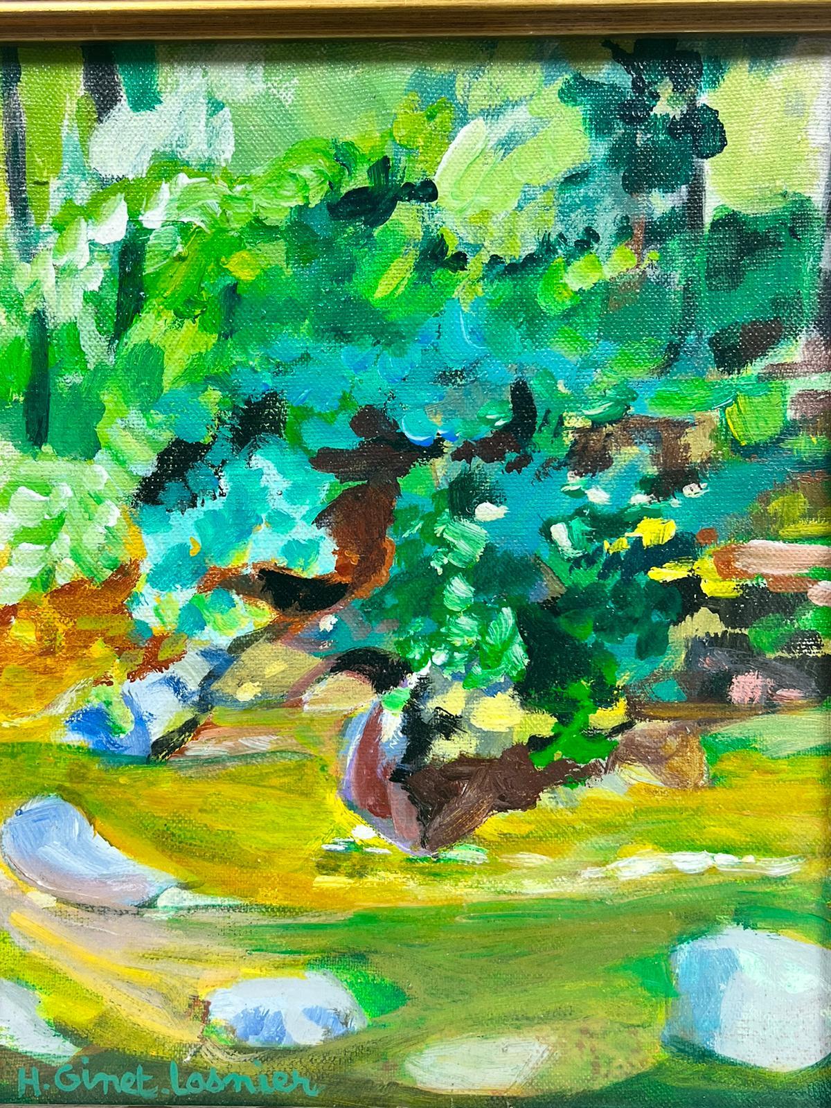 Óleo modernista francés Paisaje verde enmarcado y firmado - Landscape Painting Marrón de Huguette Ginet-Lasnier 