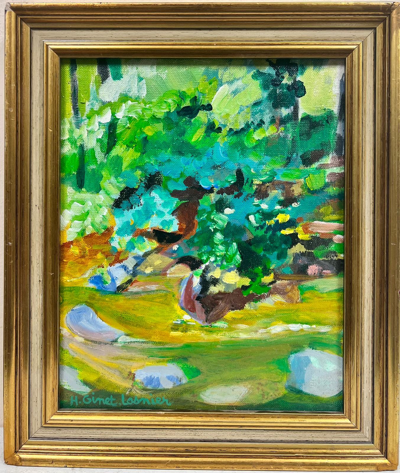 Landscape Painting de Huguette Ginet-Lasnier  - Óleo modernista francés Paisaje verde enmarcado y firmado