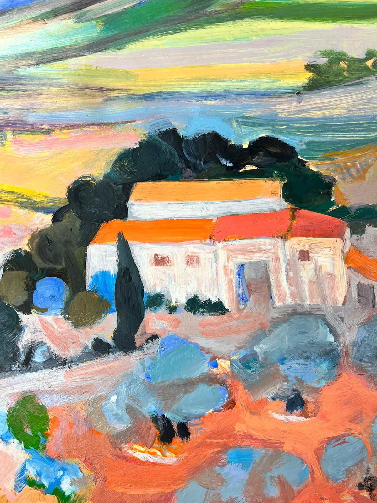 French Modernist Oil Provencal Mas Bright Color Fields Original  - Painting by Huguette Ginet-Lasnier 