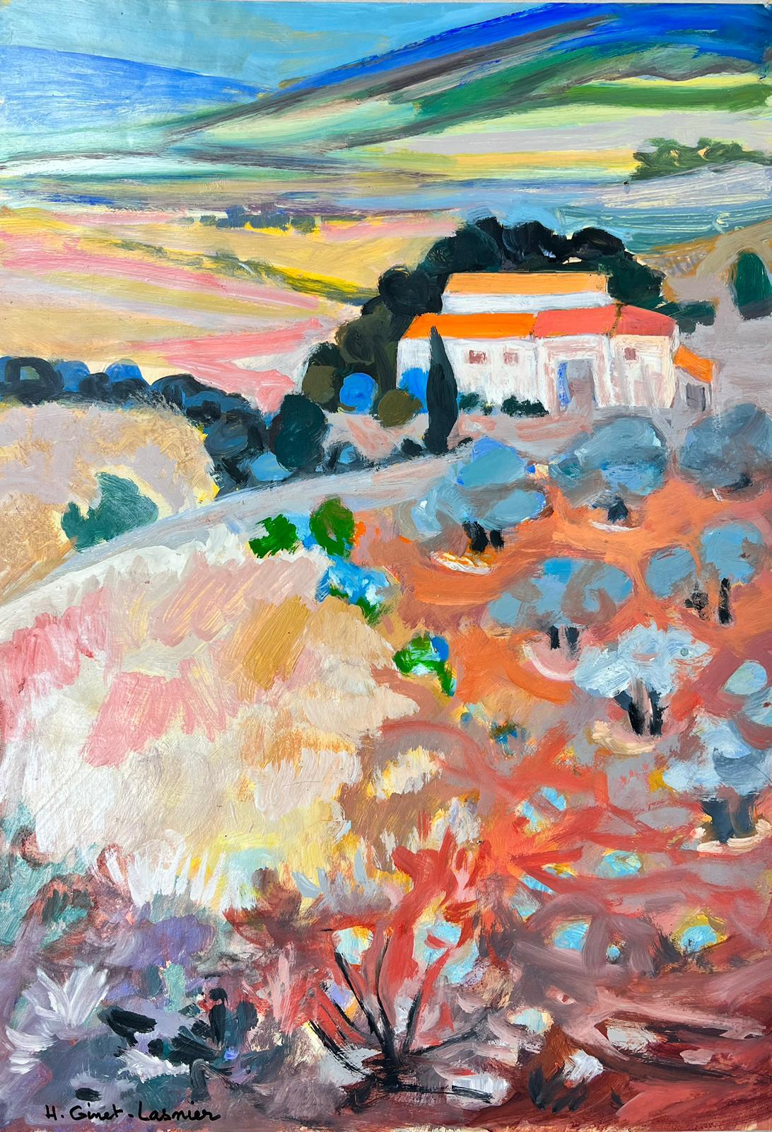 Huguette Ginet-Lasnier  Landscape Painting - French Modernist Oil Provencal Mas Bright Color Fields Original 