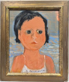 Peinture moderniste française d'un enfant sur la plage avec la mer