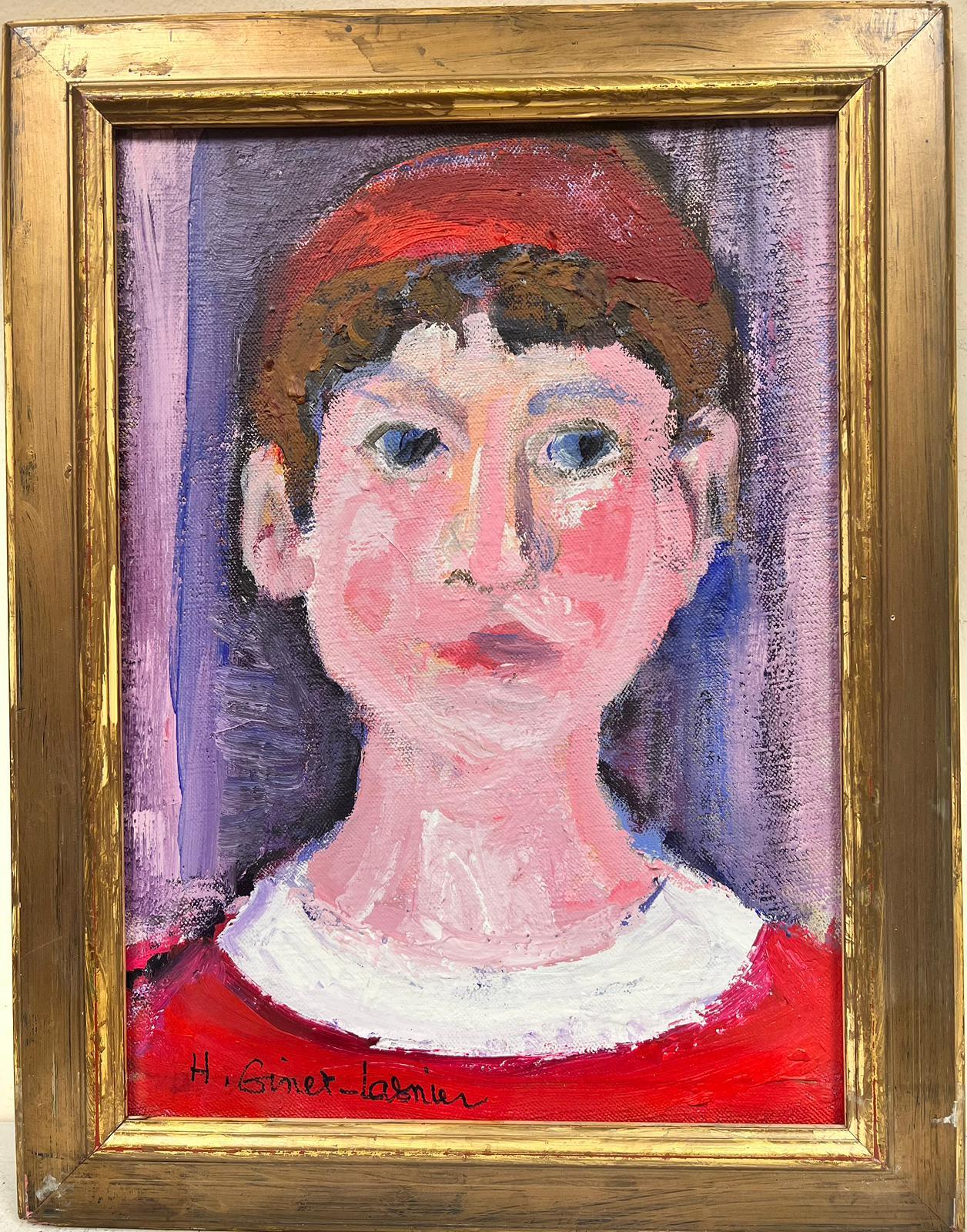 Huguette Ginet-Lasnier  Portrait Painting - French Modernist Painting Portrait of Boy in Red Jumper