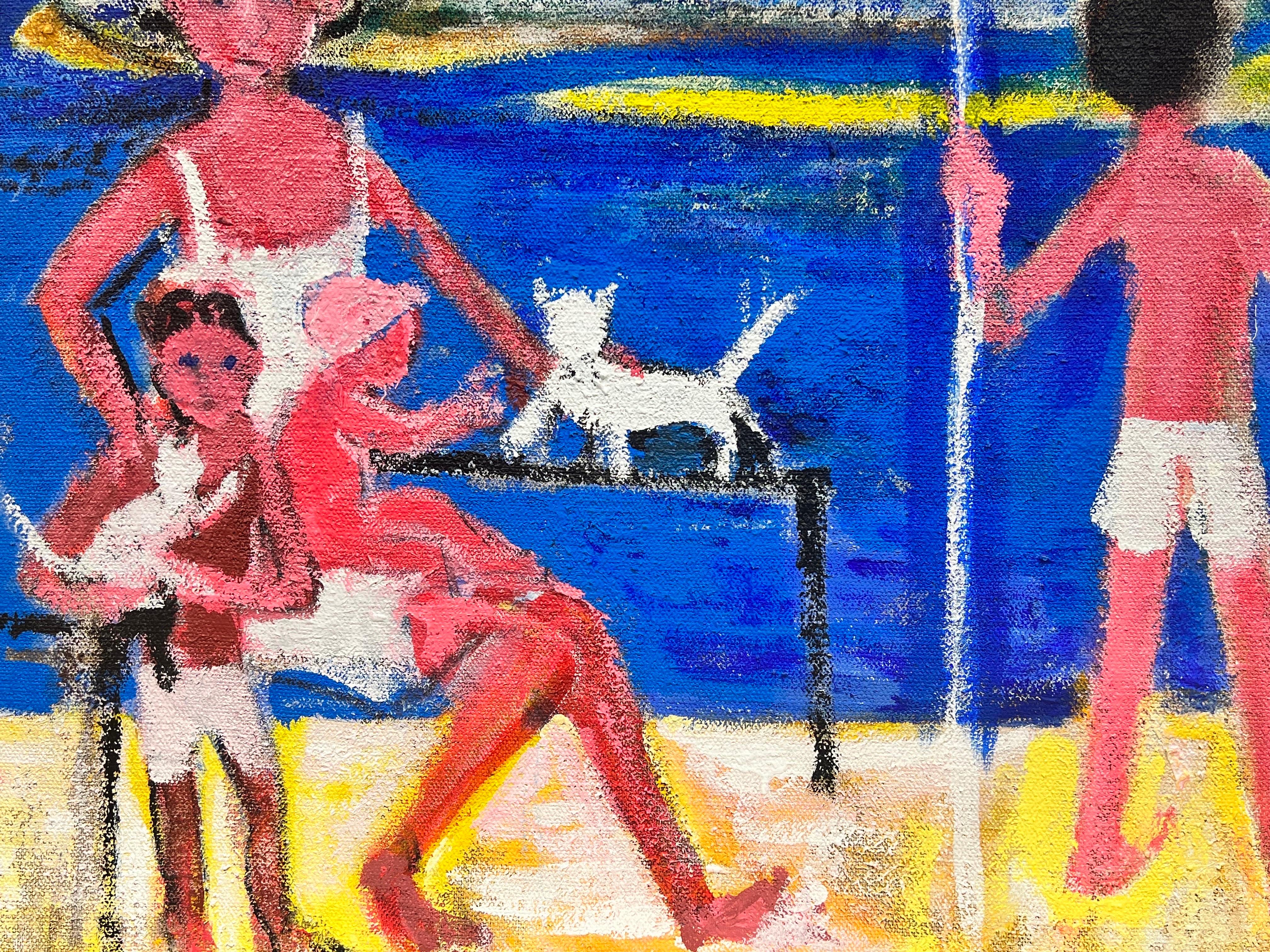 French Modernist Signed Colorist Oil Painting Family Playing on Sunny Beach For Sale 3