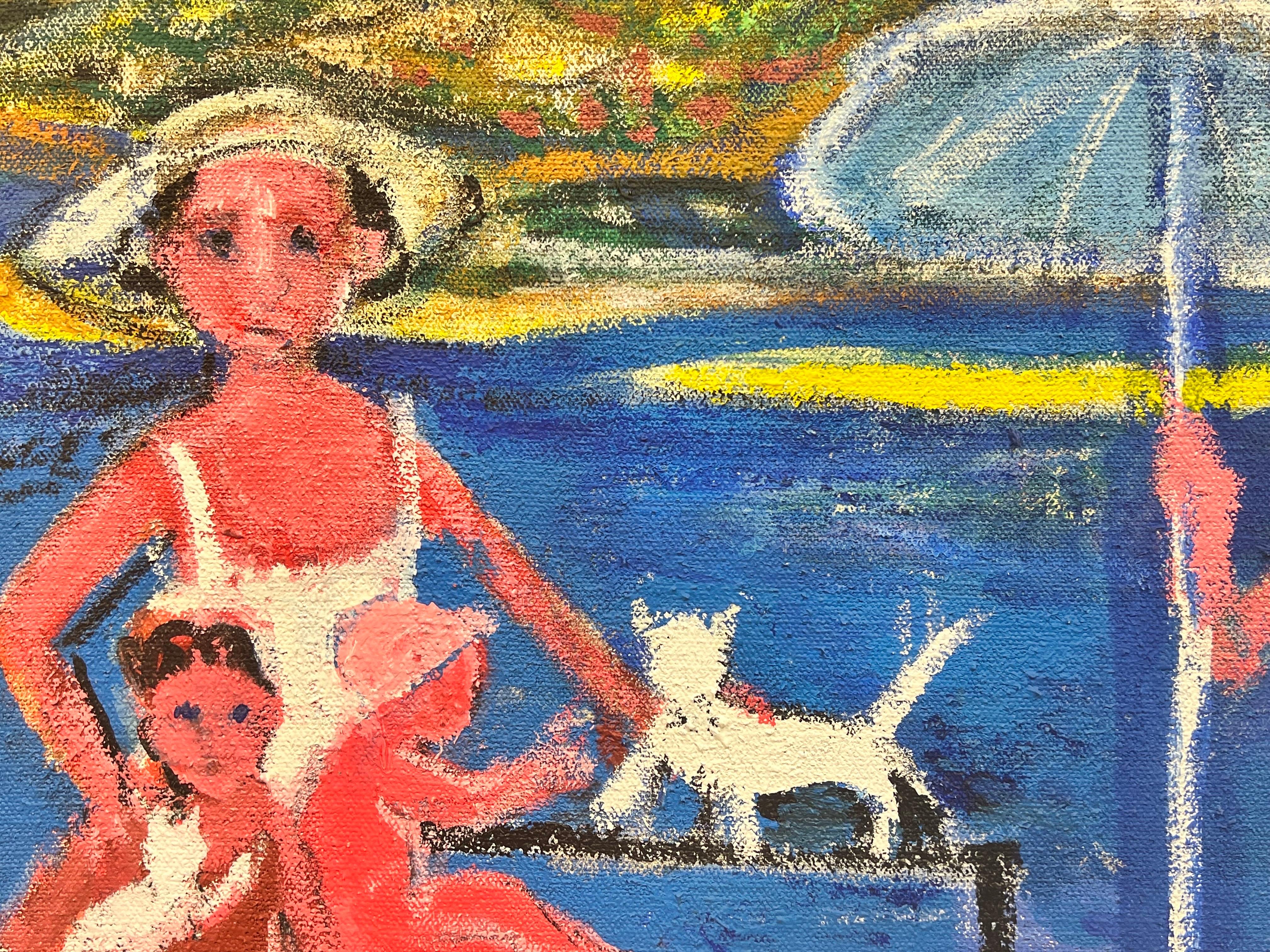 French Modernist Signed Colorist Oil Painting Family Playing on Sunny Beach For Sale 4