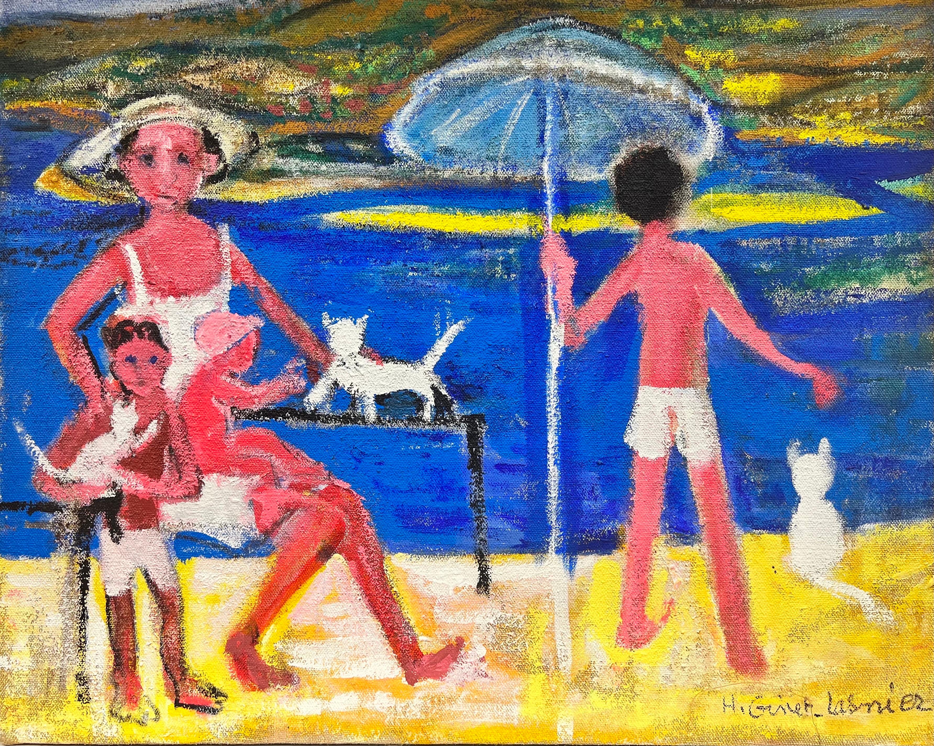 Huguette Ginet-Lasnier  Landscape Painting - French Modernist Signed Colorist Oil Painting Family Playing on Sunny Beach