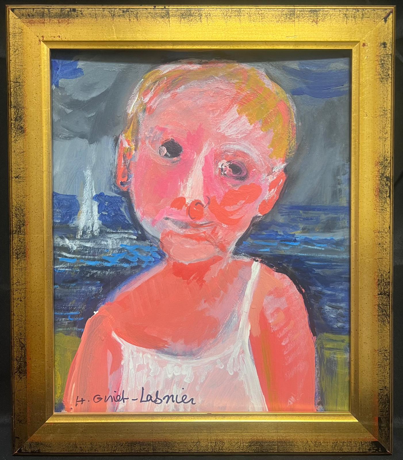 French Modernist Signed Oil Portrait of Child on Beach with Sea & Boat - Painting by Huguette Ginet-Lasnier 
