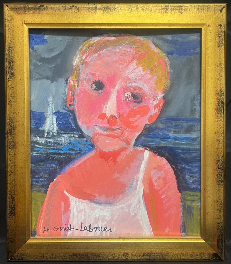 Huguette Ginet-Lasnier - French Modernist Signed Oil Portrait of Child on  Beach with Sea and Boat For Sale at 1stDibs