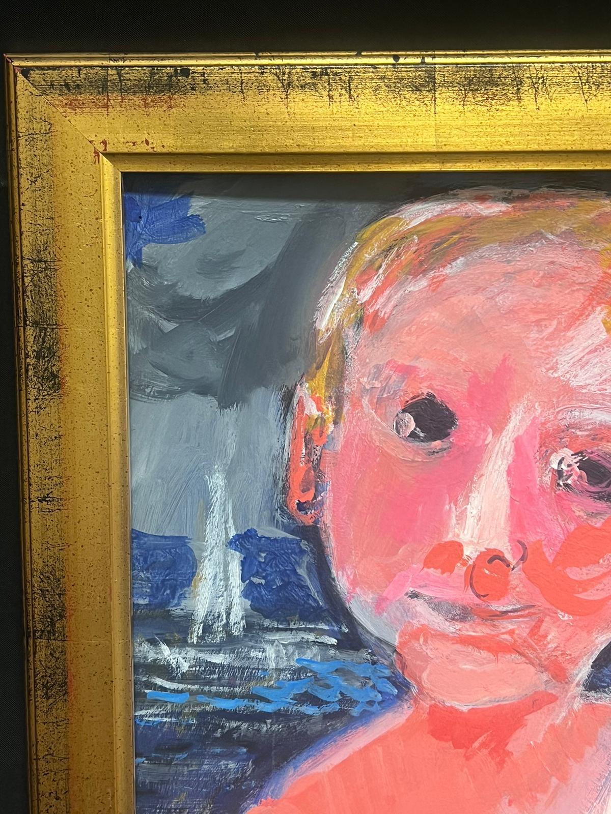 Portrait d'enfant sur plage avec mer et bateau, signé par le moderniste français en vente 2
