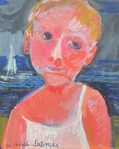 Portrait d'enfant sur plage avec mer et bateau, signé par le moderniste français