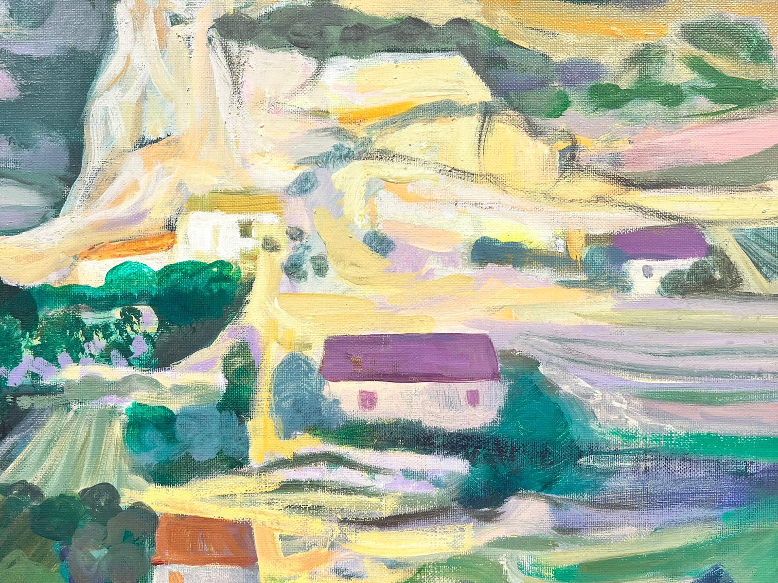 French Modernist Signed Oil Purple Roof Villages in Dordogne French Landscape - Painting by Huguette Ginet-Lasnier 