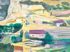 Paysage français moderniste signé à l'huile, Villages de sapins violets dans le Dordogne