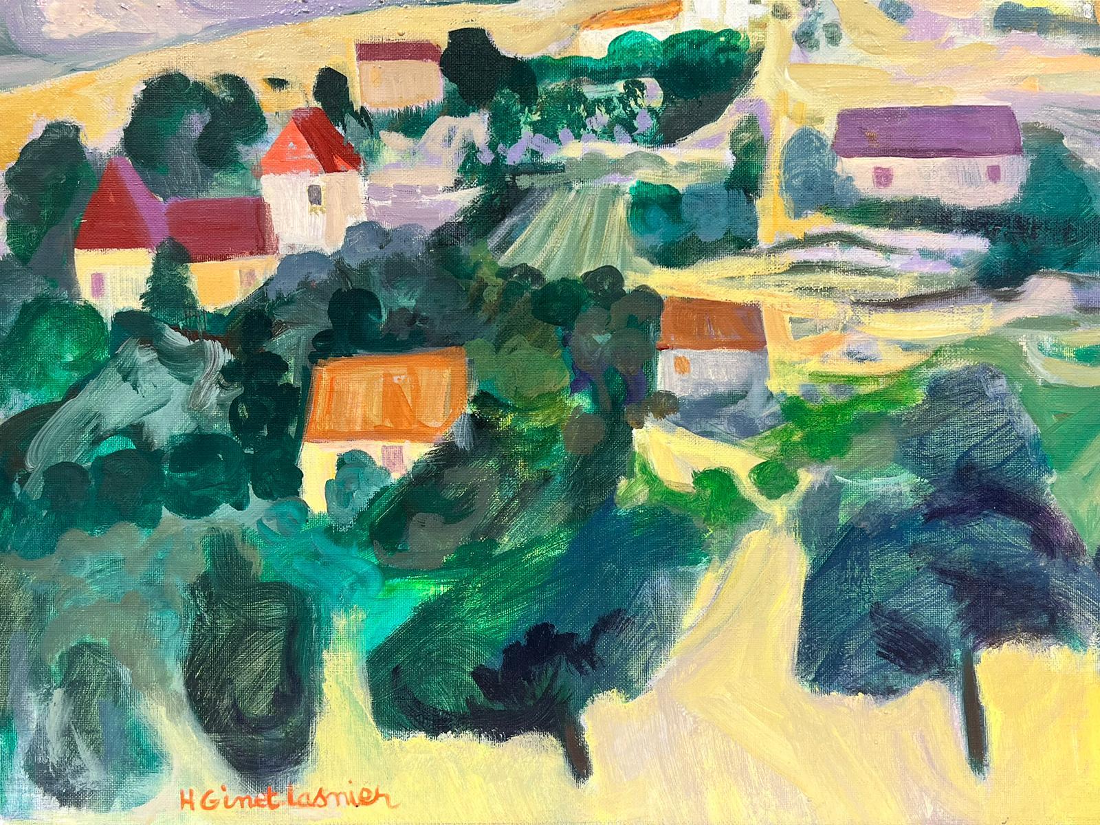 French Modernist Signed Oil Purple Roof Villages in Dordogne French Landscape For Sale 1