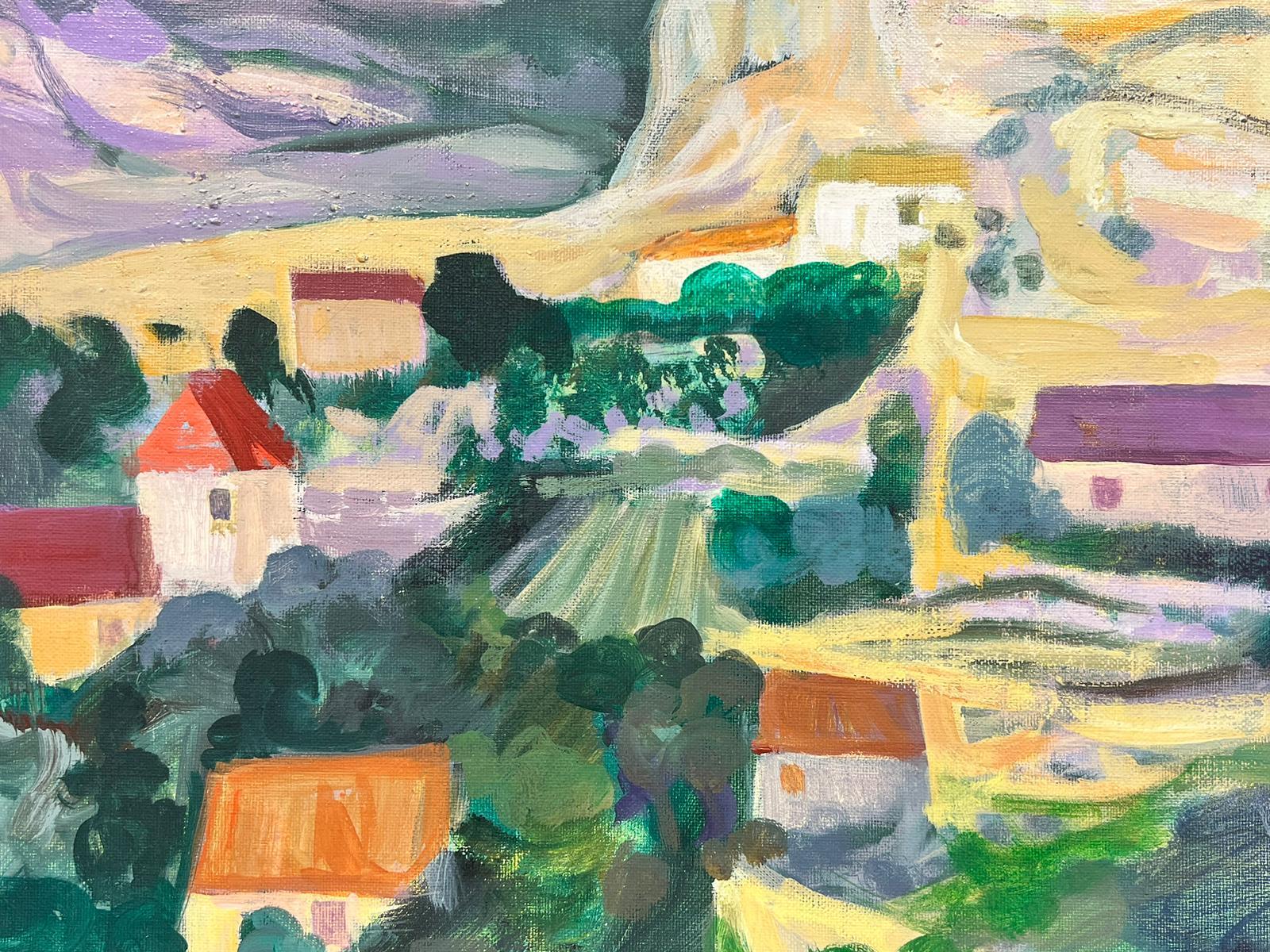 French Modernist Signed Oil Purple Roof Villages in Dordogne French Landscape For Sale 2