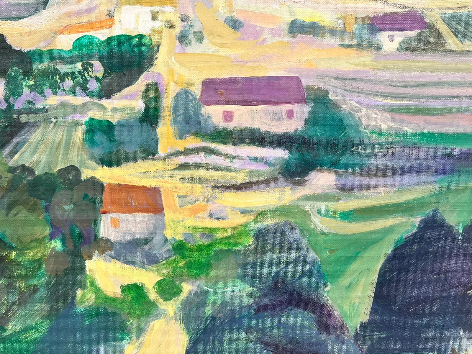 French Modernist Signed Oil Purple Roof Villages in Dordogne French Landscape For Sale 3