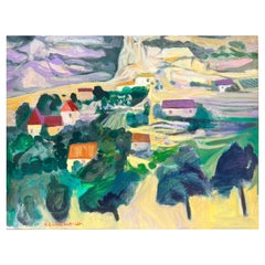French Modernist Signed Oil Purple Roof Villages in Dordogne French Landscape