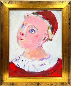 French Modernist Signed Painting Portrait of Blue Eyed Young Girl in Red Jacket