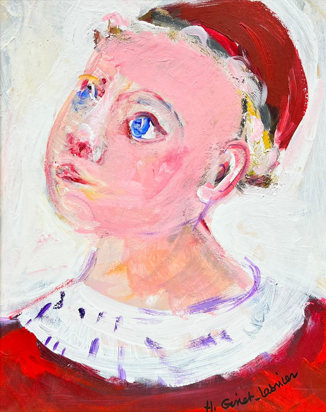 Figurative Painting di Huguette Ginet-Lasnier  - Quadro modernista francese firmato Ritratto di giovane ragazza dagli occhi azzurri con giacca rossa