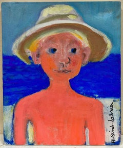French Modernist Signed Painting Portrait Young Bather at Seaside