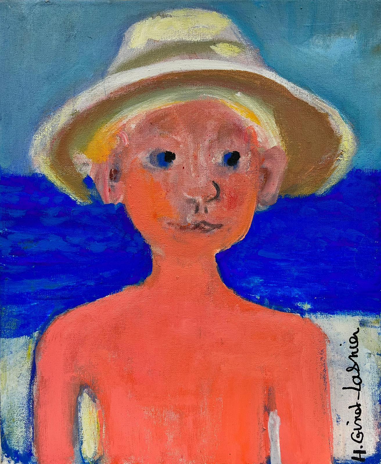 Huguette Ginet-Lasnier  Figurative Painting - French Modernist Signed Painting Portrait Young Bather at Seaside