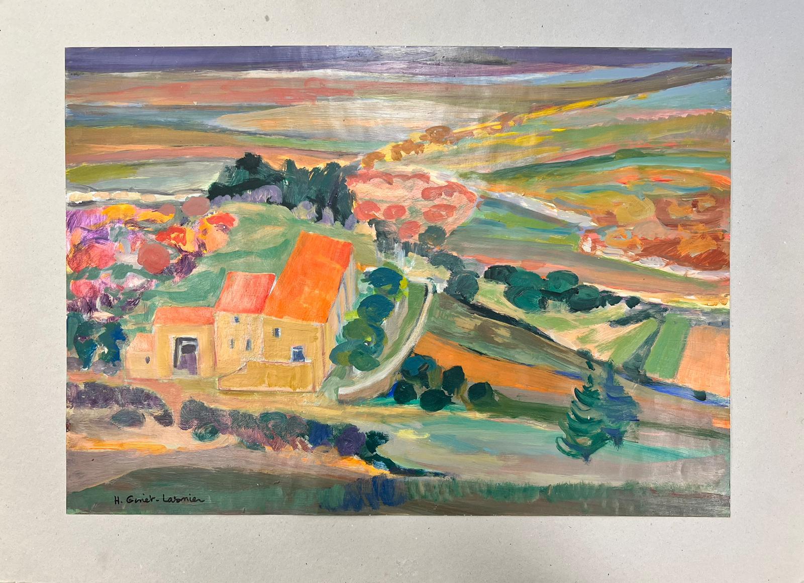 French Modernist Vibrant Provence Landscape With Orange Roof Houses, signed oil  - Painting by Huguette Ginet-Lasnier 