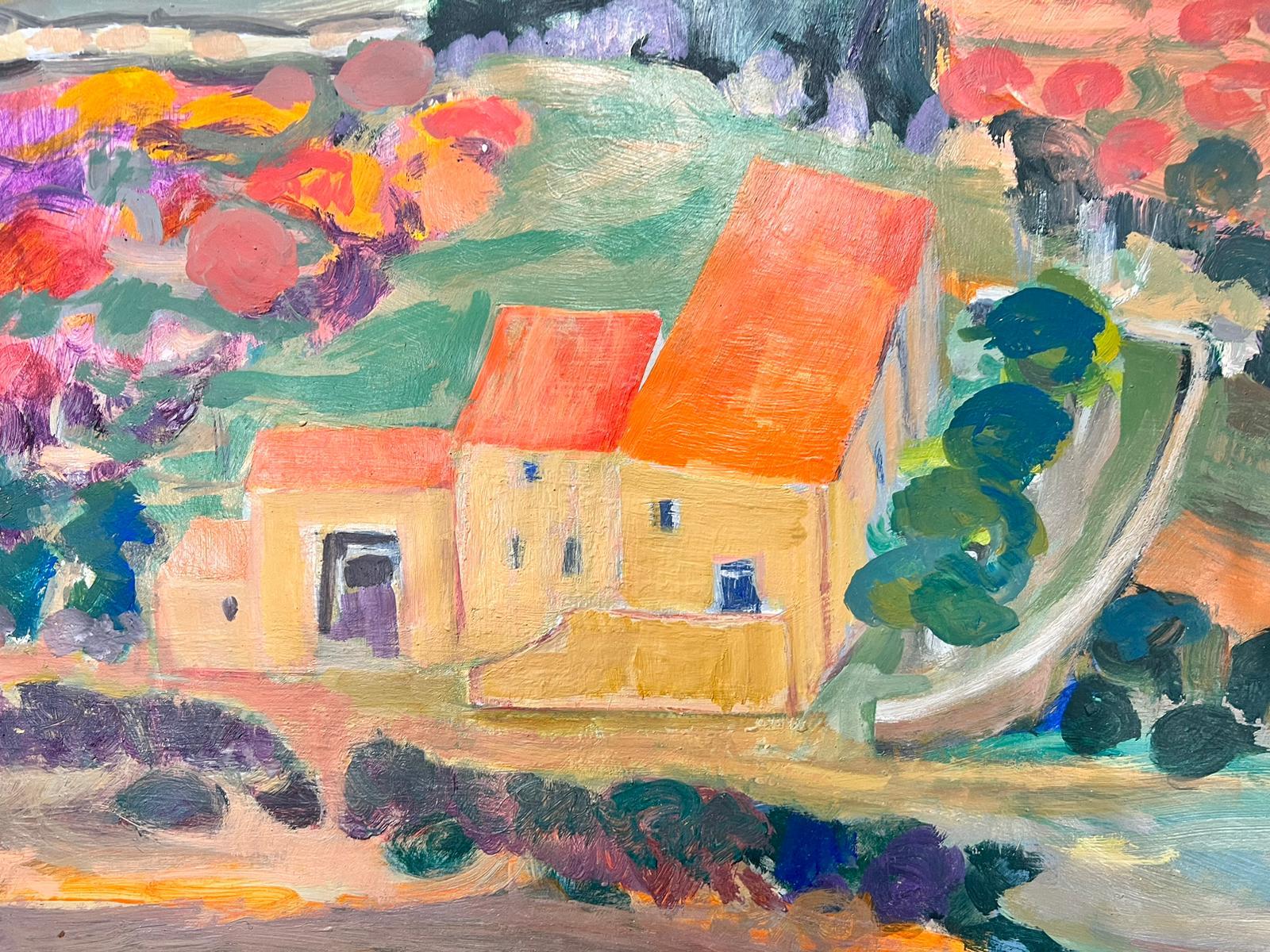 Paisaje modernista francés de Provenza vibrante con casas de tejado naranja, óleo firmado - Painting Moderno de Huguette Ginet-Lasnier 