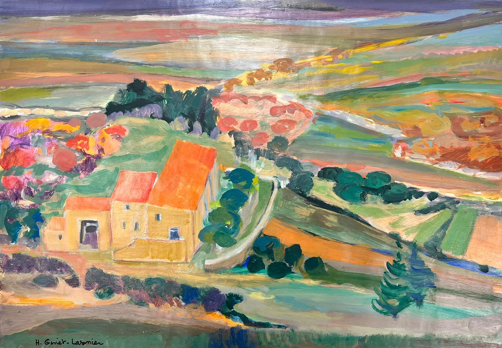 Landscape Painting de Huguette Ginet-Lasnier  - Paisaje modernista francés de Provenza vibrante con casas de tejado naranja, óleo firmado