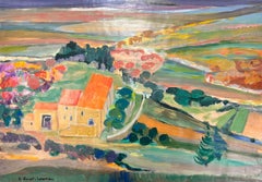 French Modernist Vibrant Provence Landscape With Orange Roof Houses, signed oil 