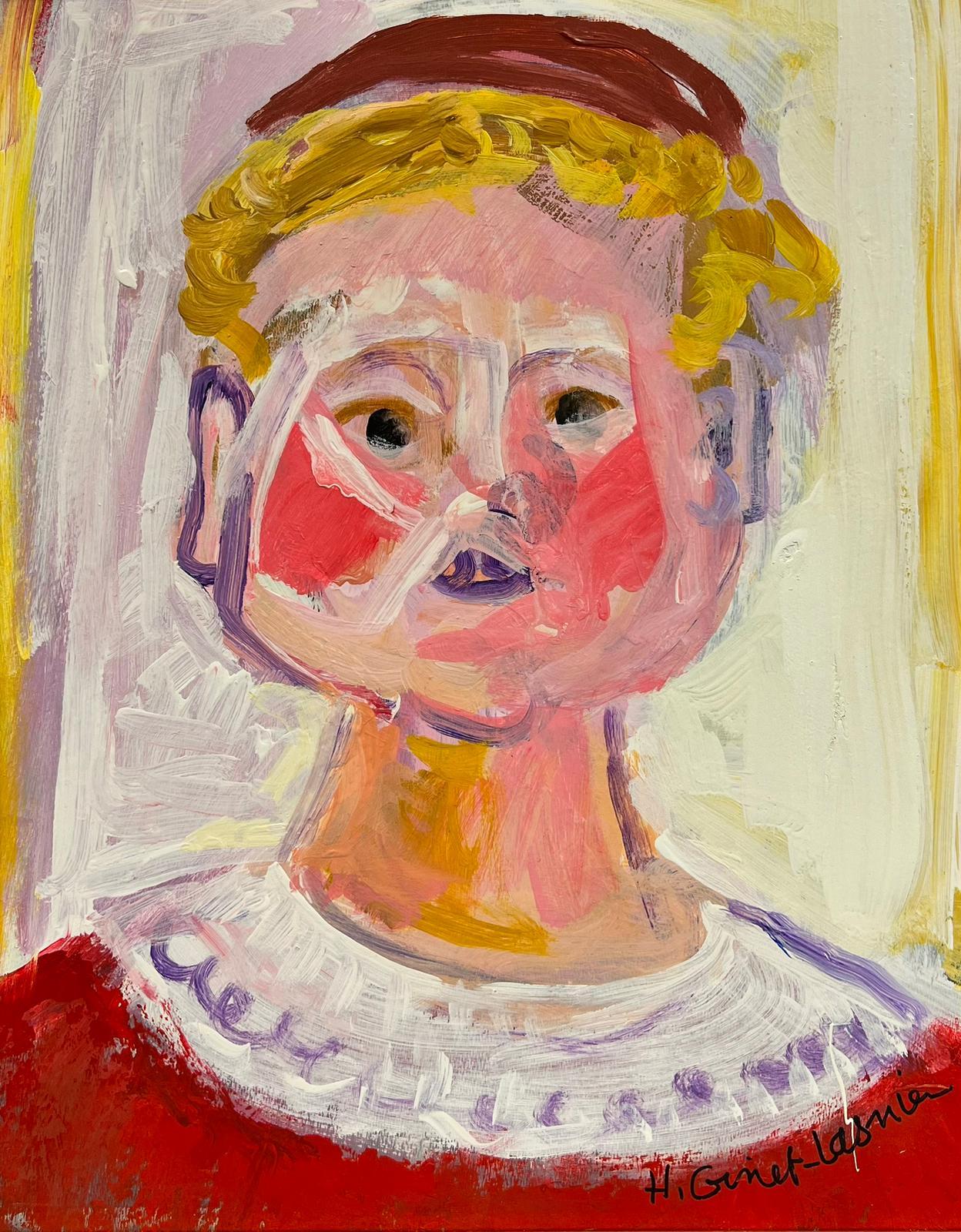 Pintura modernista francesa firmada Figura de retrato de mejillas sonrosadas en rojo - Painting de Huguette Ginet-Lasnier 