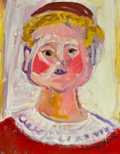 Quadro modernista francese firmato Figura ritratto con guance rosate in rosso