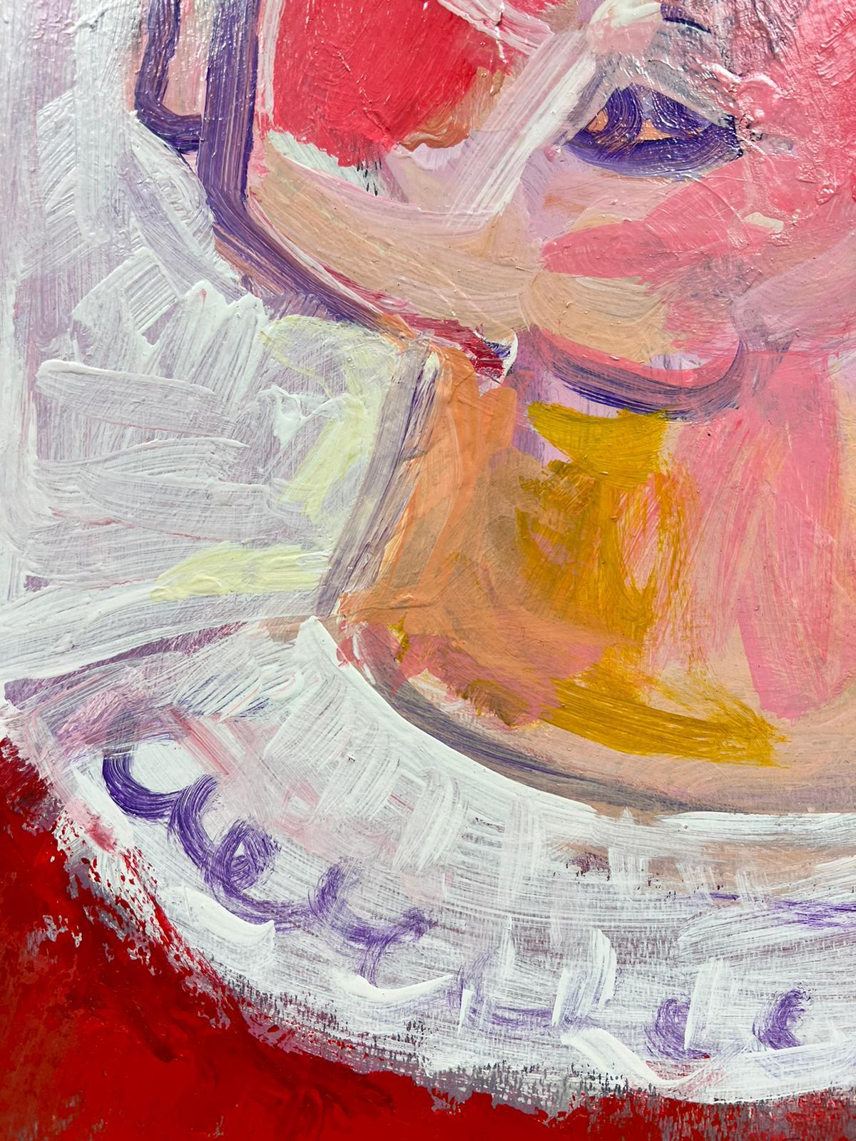 Pintura modernista francesa firmada Figura de retrato de mejillas sonrosadas en rojo - Painting Moderno de Huguette Ginet-Lasnier 
