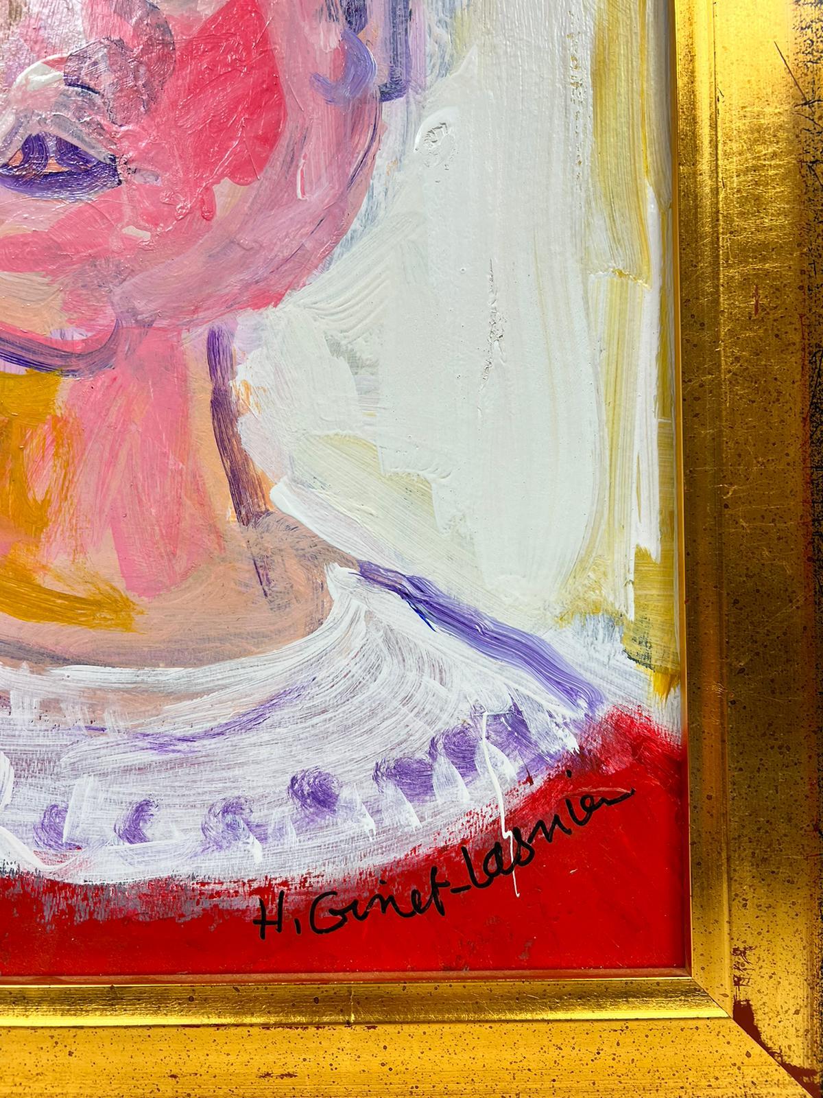 Pintura modernista francesa firmada Figura de retrato de mejillas sonrosadas en rojo - Portrait Painting Marrón de Huguette Ginet-Lasnier 