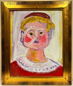 French Signed Modernist Painting Rosy Cheeked Portrait Figure in Red