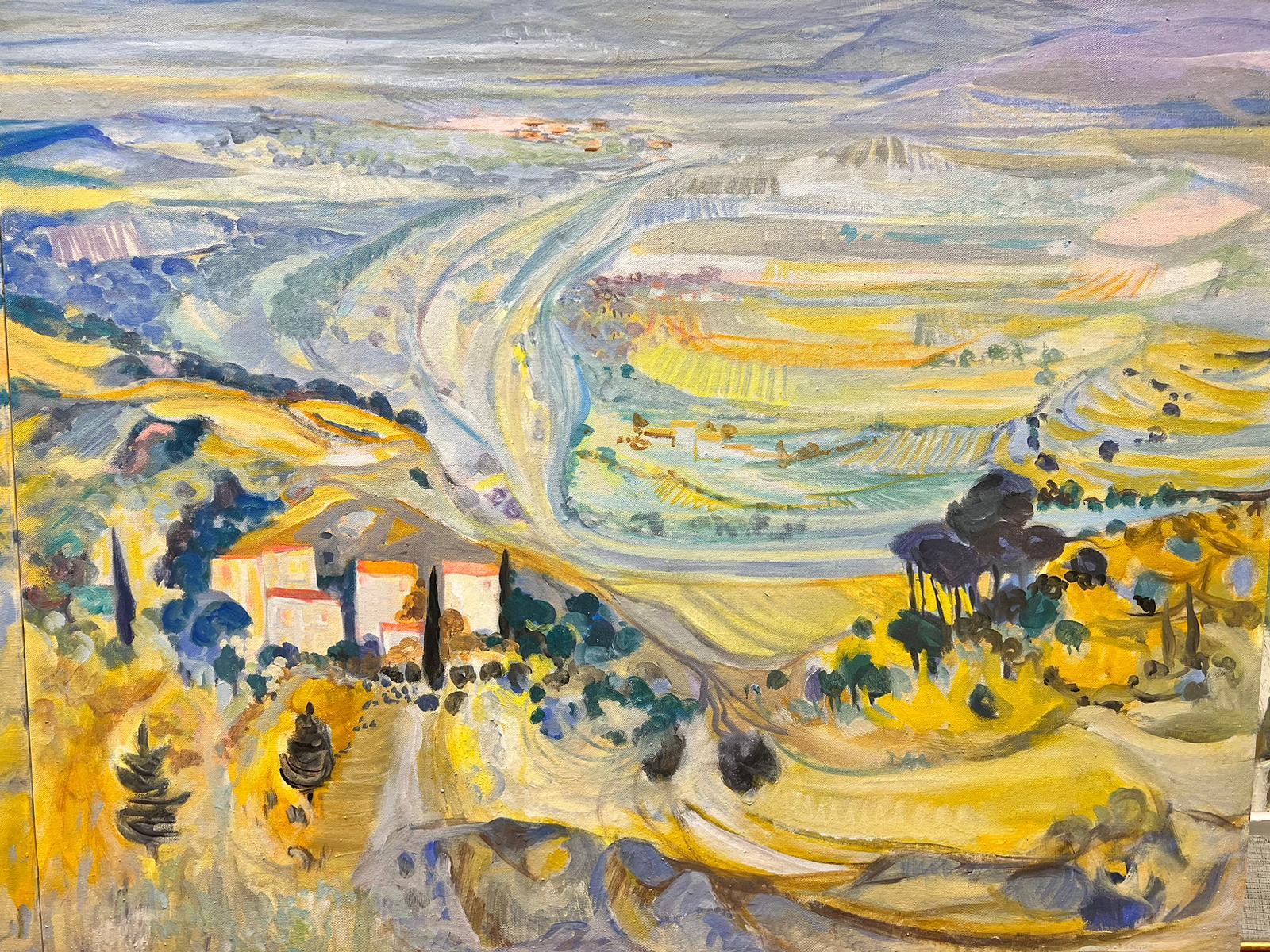 Huge French Modernist 20th Century 2 x Oil Paintings Rolling Provence Landscape - Beige Landscape Painting by Huguette Ginet-Lasnier 