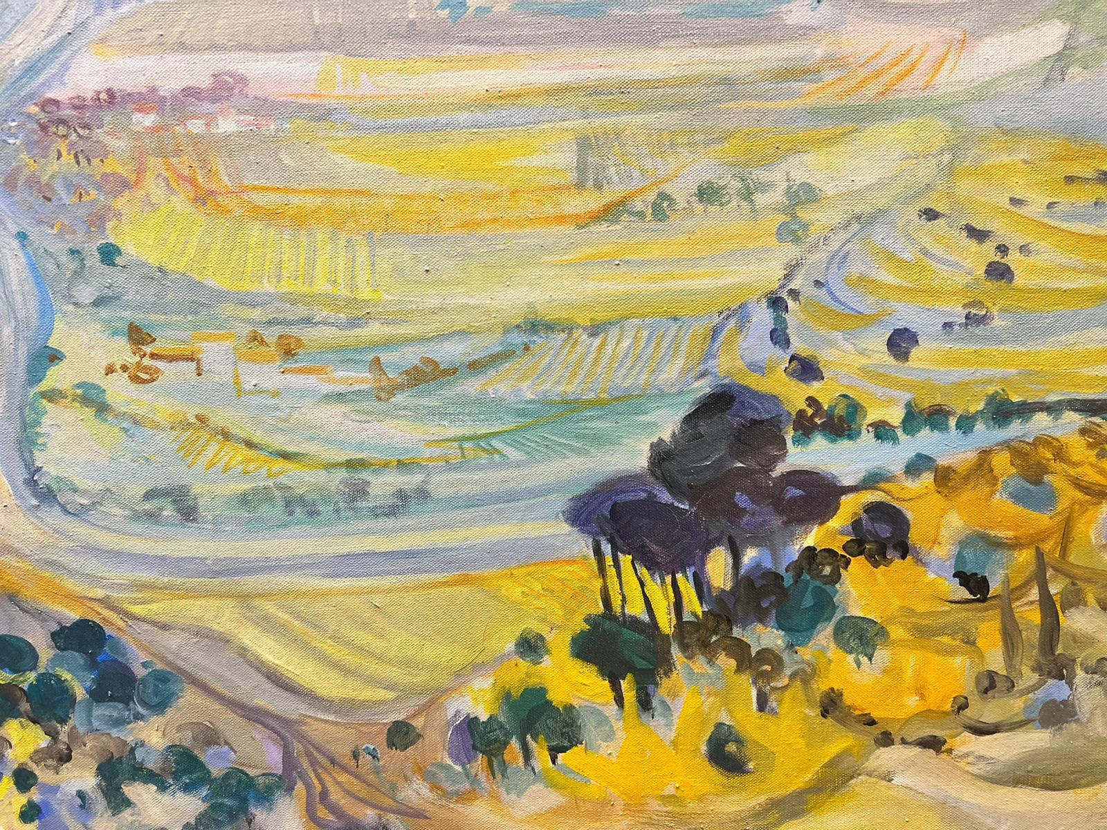 Provence Landscape by Huguette Ginet-Lasnier (French, 1927–2020)

This stunning oil on canvas diptych presents an expansive and vibrant Provence landscape by renowned French artist Huguette Ginet-Lasnier. Known for her expressive use of color and