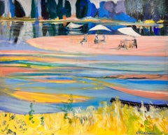 Huge French Modernist Oil Lazy Summer Elegant Summer Days Figures by River