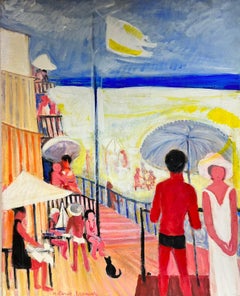 Énorme scène de plage ensoleillée à l'huile signée par le moderniste français avec des personnages