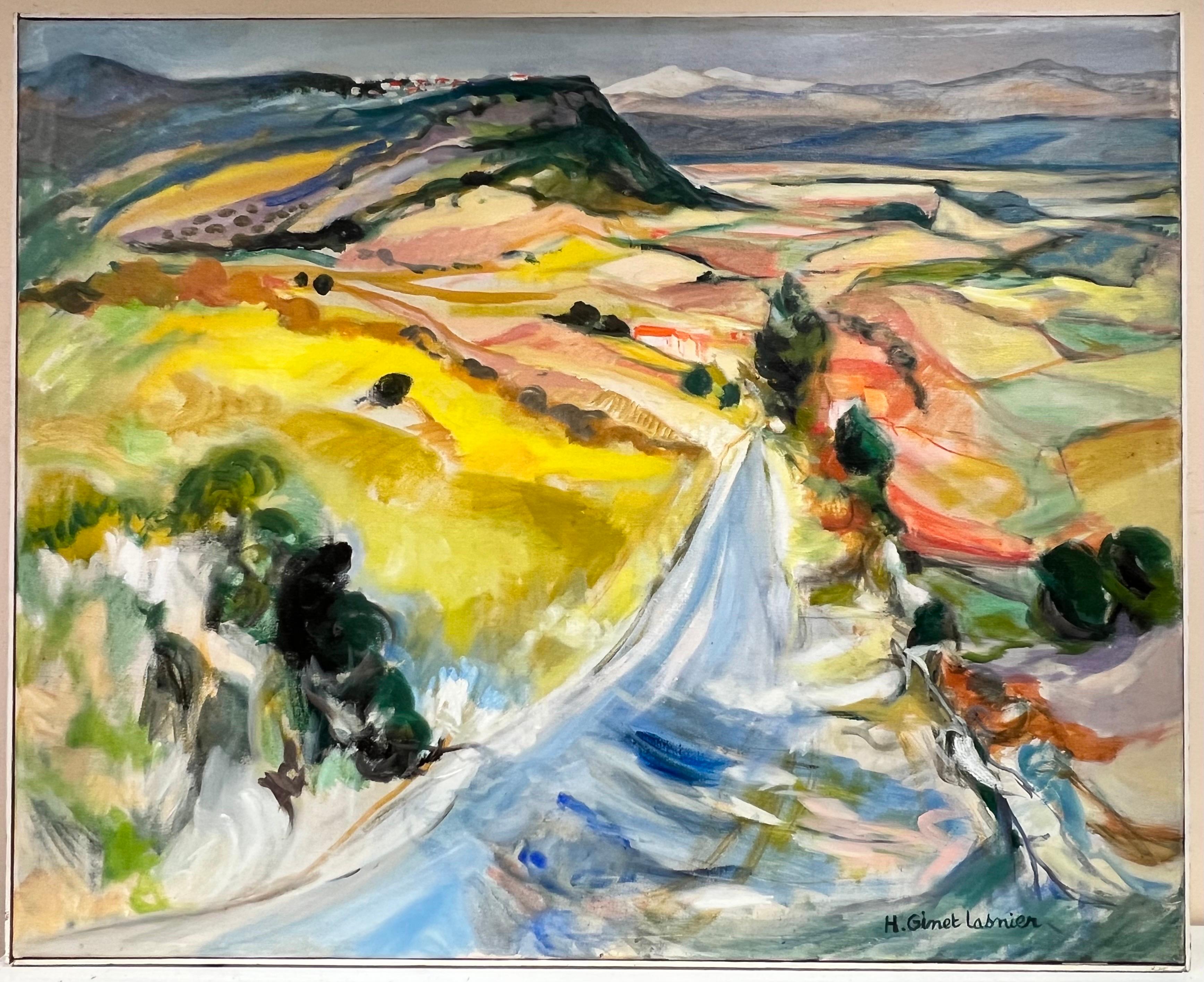 Très grande vue à l'huile signée par le moderniste français sur les champs d'or de Lurs en Provence - Painting de Huguette Ginet-Lasnier 