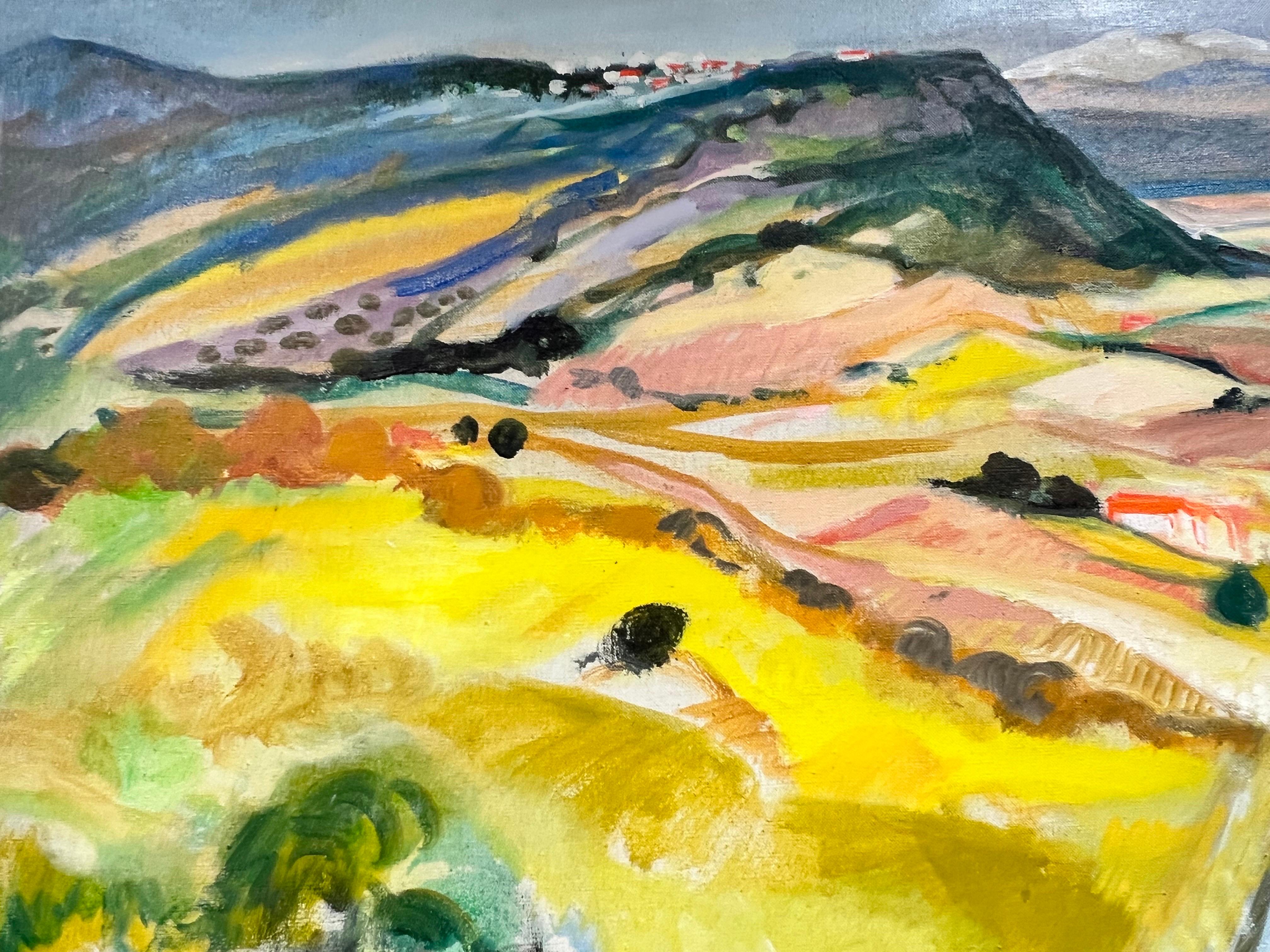 Très grande vue à l'huile signée par le moderniste français sur les champs d'or de Lurs en Provence - Moderne Painting par Huguette Ginet-Lasnier 