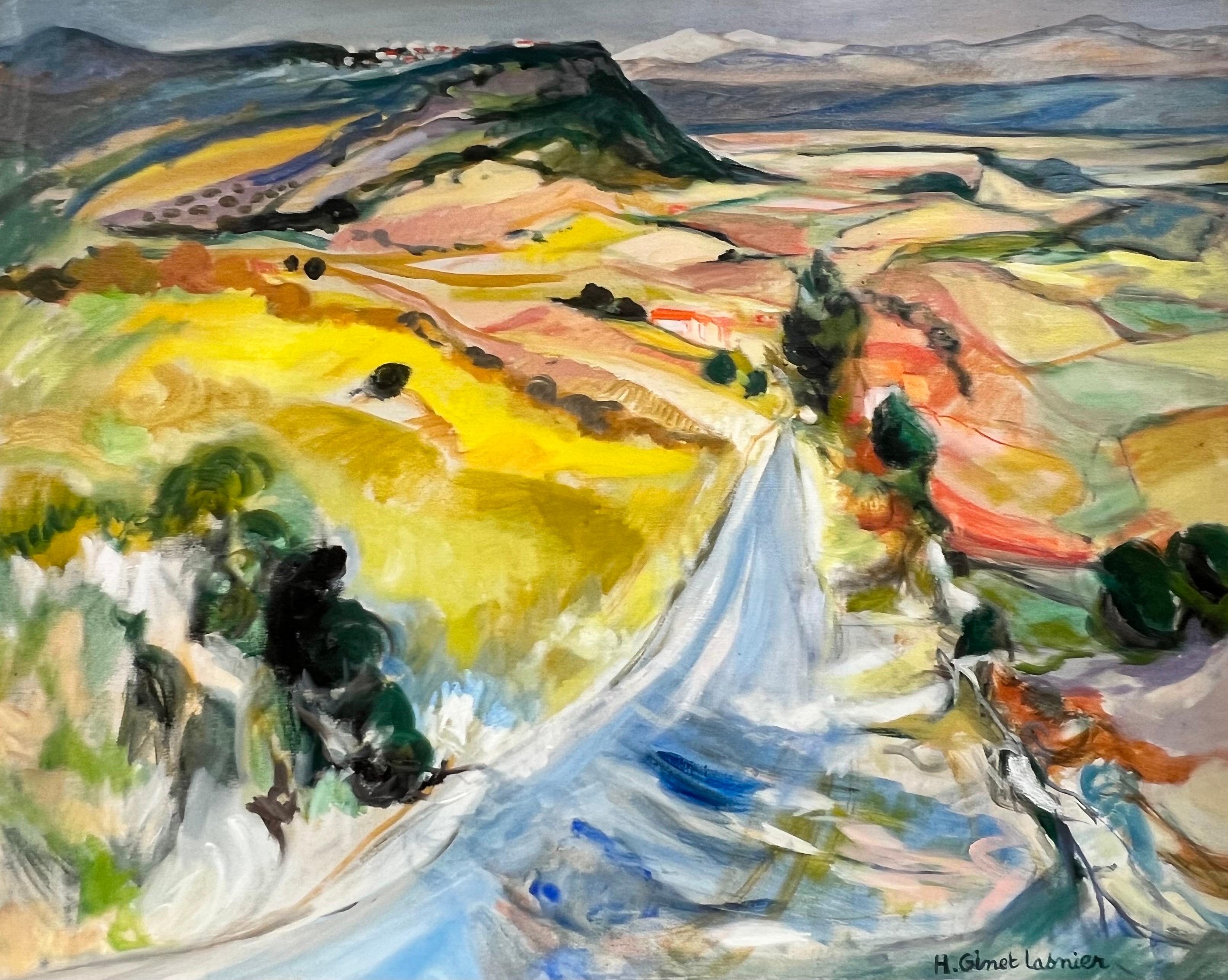 Landscape Painting Huguette Ginet-Lasnier  - Très grande vue à l'huile signée par le moderniste français sur les champs d'or de Lurs en Provence