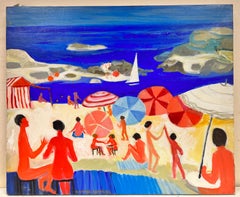 Large Contemporary French Painting Sunkissed Figures on Beach Busy Scene