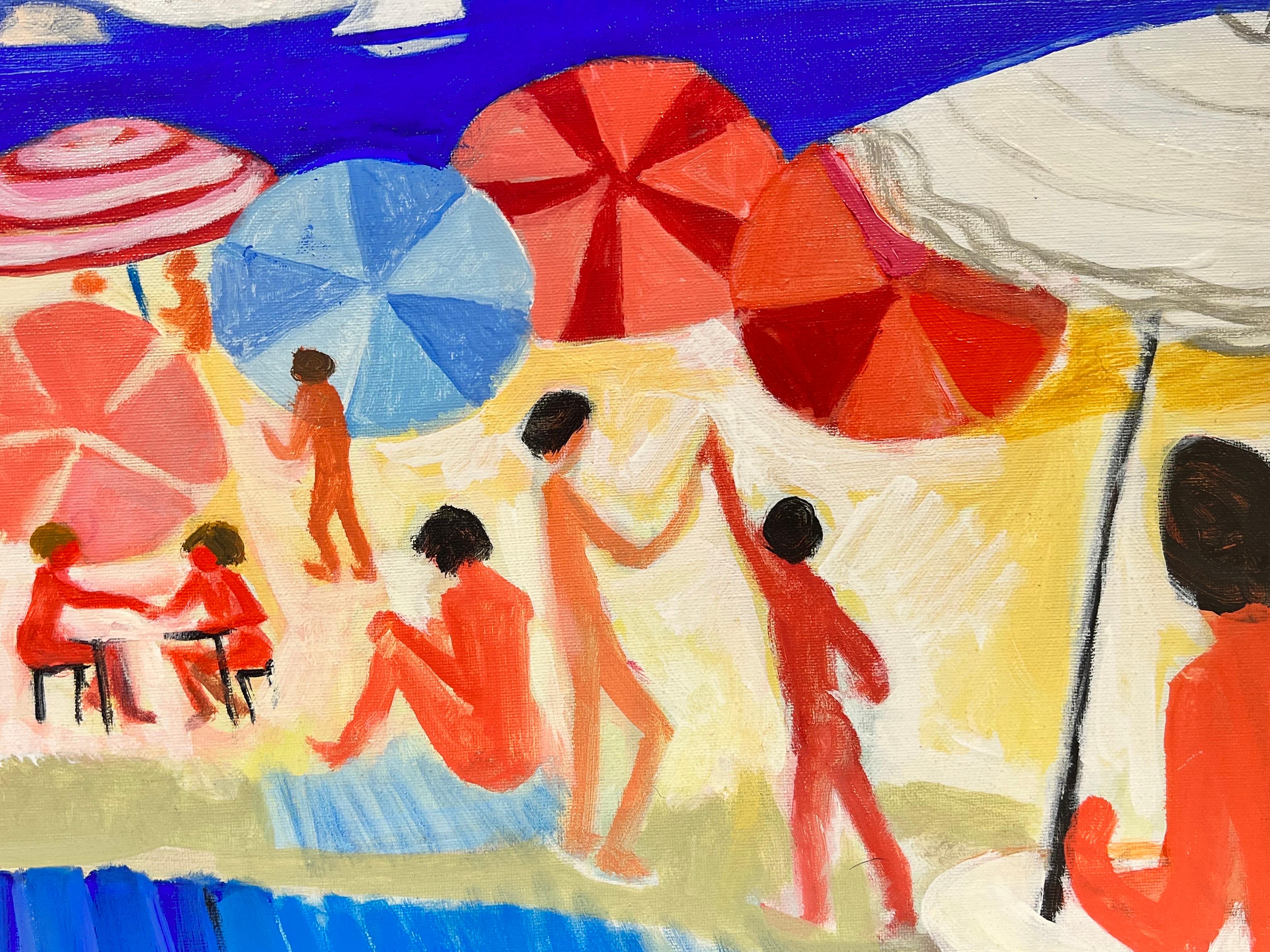 Quadro francese contemporaneo di grandi dimensioni Figure baciate dal sole sulla spiaggia Scena movimentata - Painting Moderno di Huguette Ginet-Lasnier 