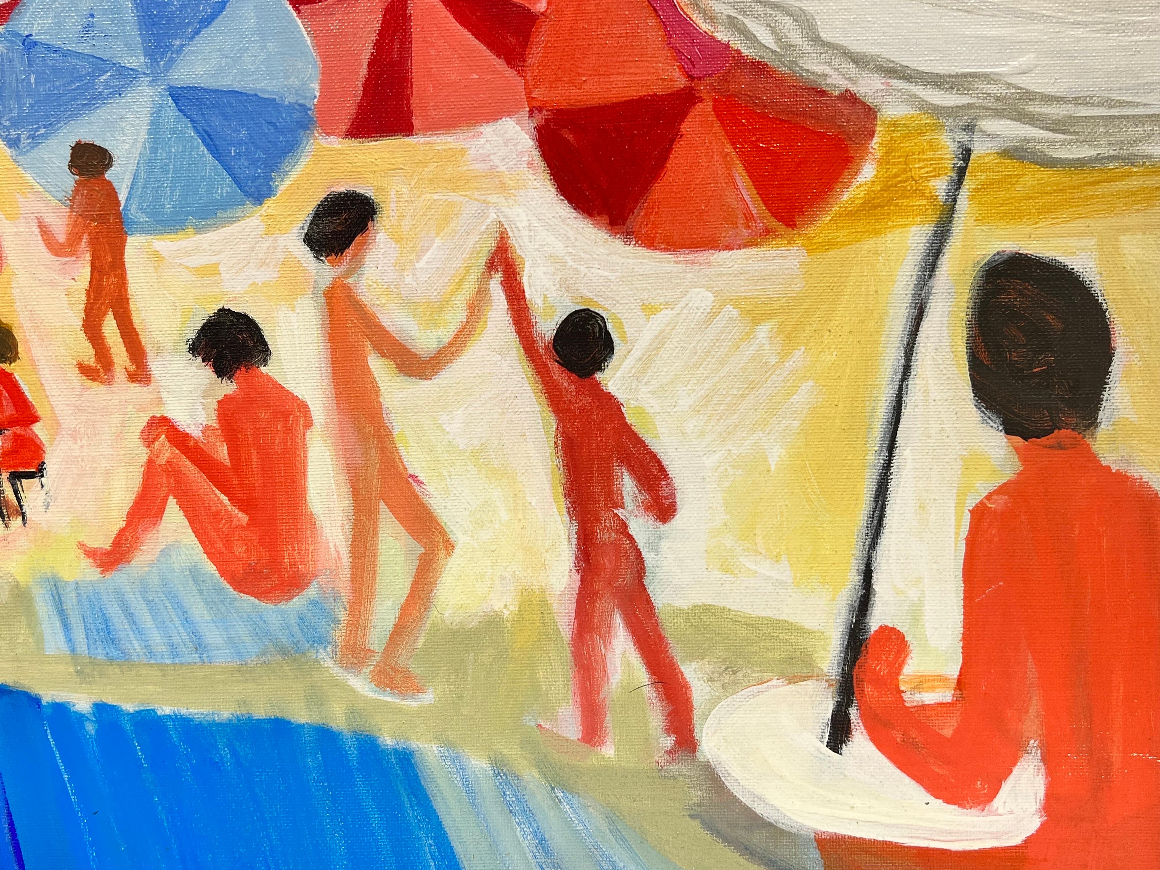 Quadro francese contemporaneo di grandi dimensioni Figure baciate dal sole sulla spiaggia Scena movimentata 1