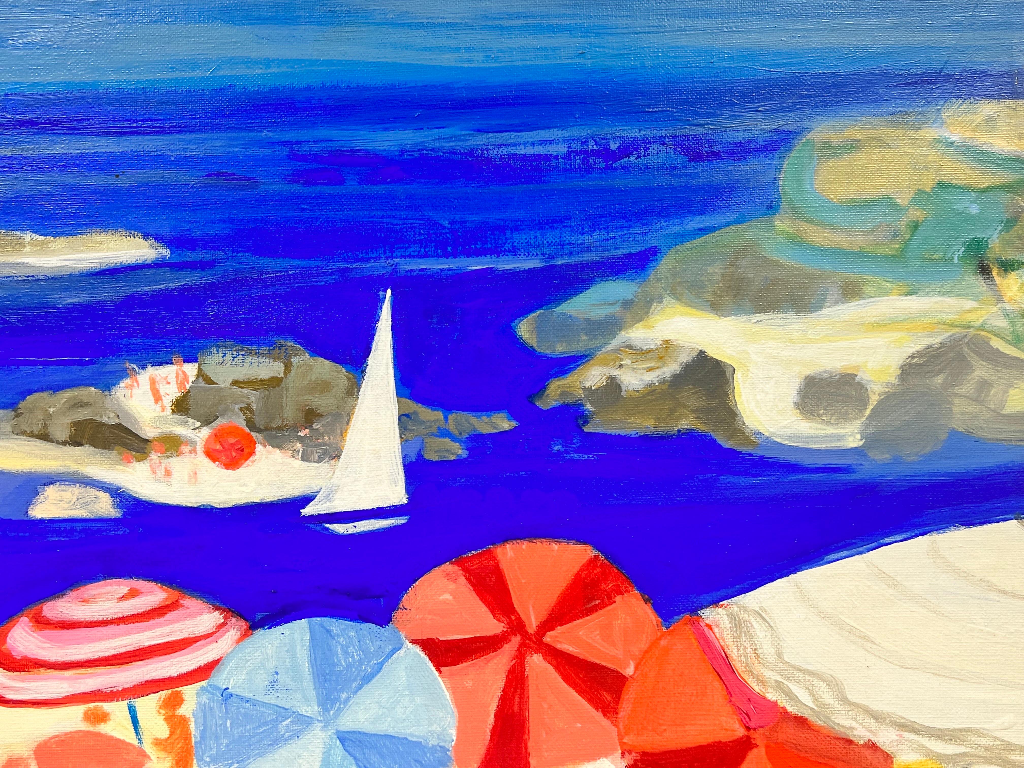 Quadro francese contemporaneo di grandi dimensioni Figure baciate dal sole sulla spiaggia Scena movimentata 3