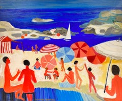 Large Contemporary French Painting Sunkissed Figures on Beach Busy Scene