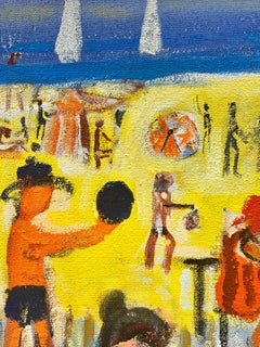 Grande quadro a olio modernista francese con figure che giocano sulla spiaggia di Sunny Beach