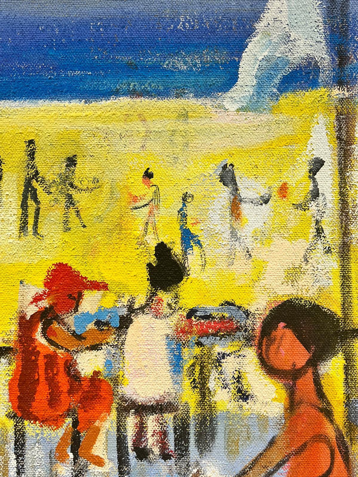 Large French Contemporary Modernist Oil Painting Figures Playing on Sunny Beach For Sale 1