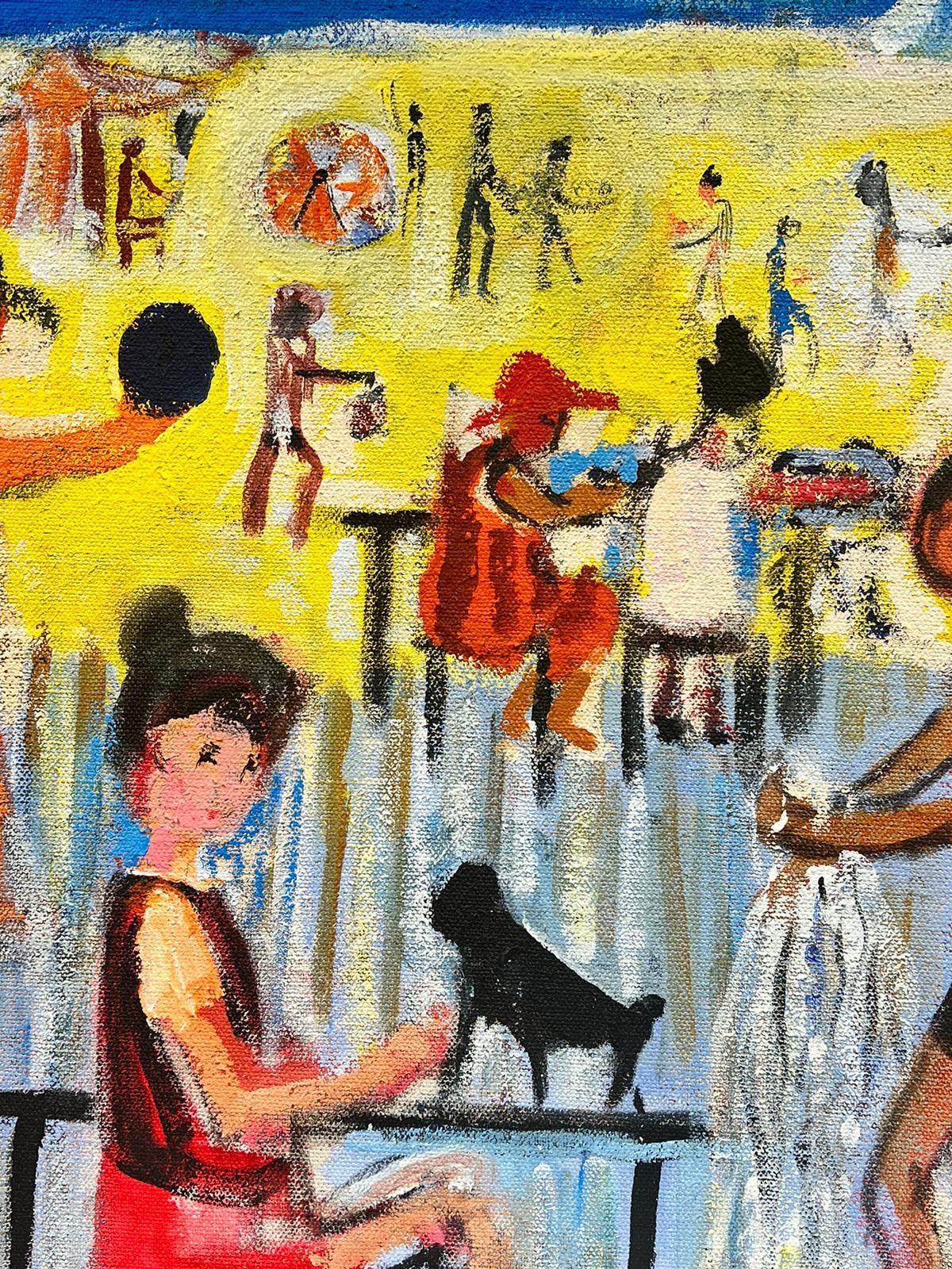 Large French Contemporary Modernist Oil Painting Figures Playing on Sunny Beach For Sale 2