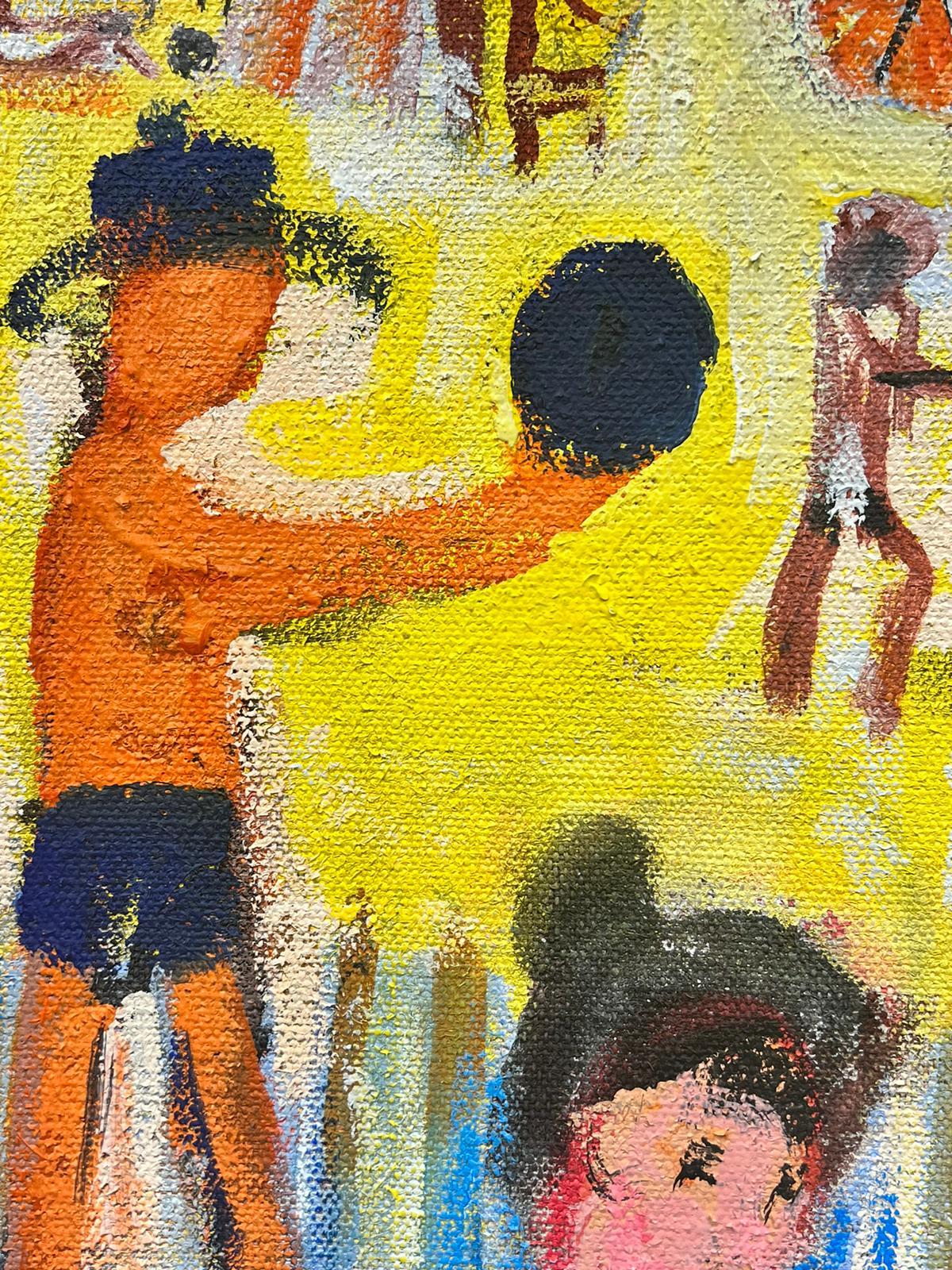 Large French Contemporary Modernist Oil Painting Figures Playing on Sunny Beach For Sale 5