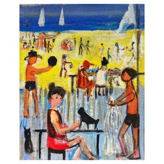 Großes französisches zeitgenössisches modernistisches Ölgemälde mit Figuren, die am Sunny Beach spielen