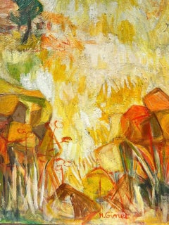 Large French Contemporary Signed Oil Sun Scorched Provence Landscape